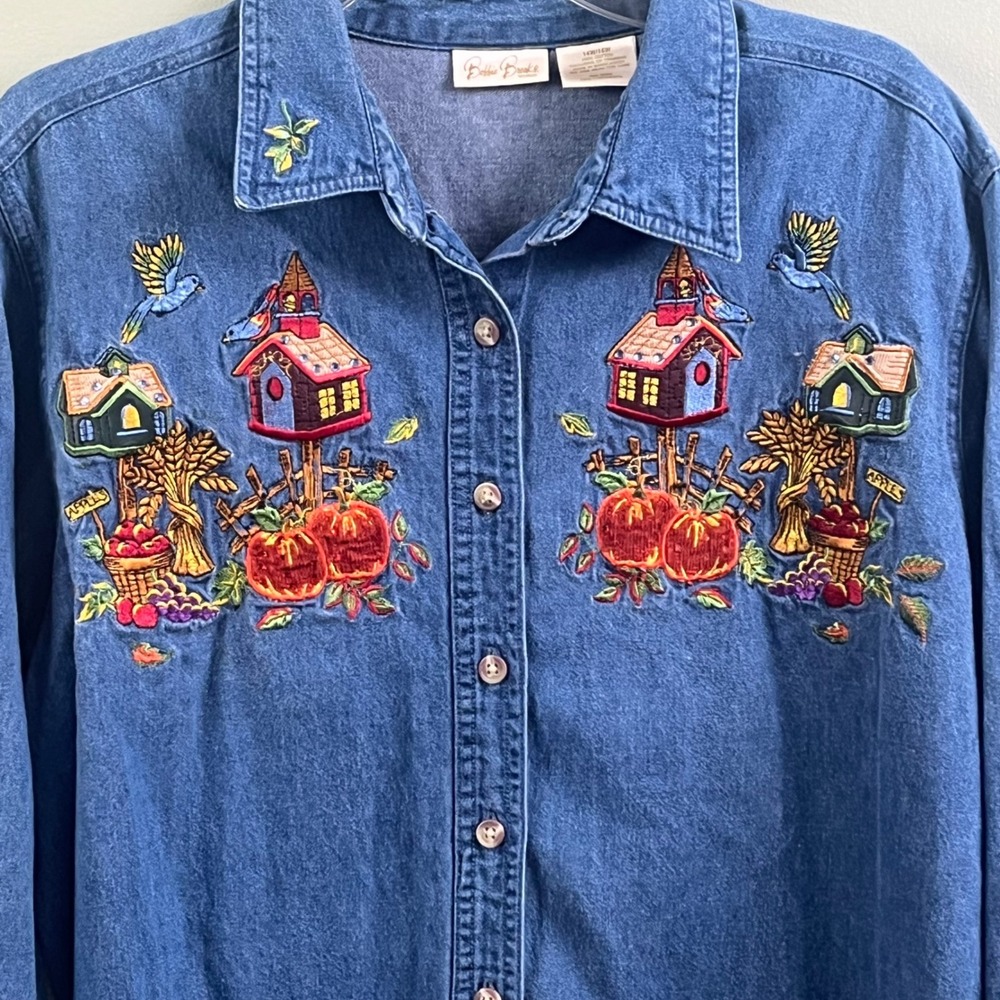 Bobbie Brooks Denim Embroidered Bird Houses Farm Cottage Core Shirt 14-16W - Picture 2 of 9